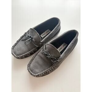 Minnetonka Mens Pile Lined Hardsole Moccasin Slipper Size 9 Gray Slip On